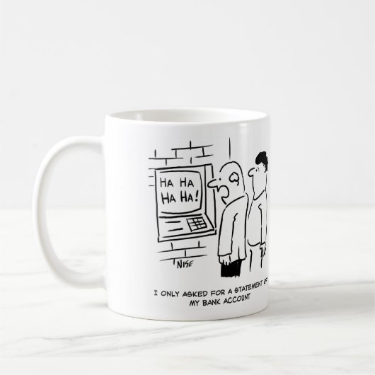 Bankkunde frage ATM für eine Anweisung Kaffeetasse (Links)