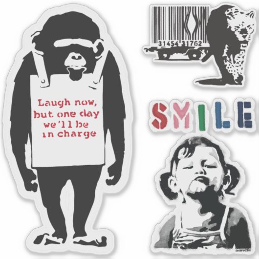 Banksy Graffiti grunge Vinyl Laugh Aufkleber Set (Vorderseite)
