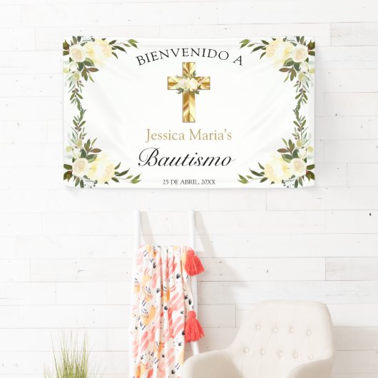 Banner De Bienvenida De Bautizo De Cruz Y Floral (Insitu)