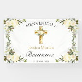 Banner De Bienvenida De Bautizo De Cruz Y Floral (Horizontal)