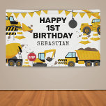 Banner für Kindergeburtstag-Party<br><div class="desc">Banner zum Thema Geburtstag mit einem einfachen,  weißen Hintergrund,  mit niedlichen Cartoon-Illustrationen von Bunding,  Stoppschildern,  einem Müllwagen,  einem Bagger,  einem Zementwagen,  einem Kranich,  Spritzern von Schmutz,  und einer glücklichen Geburtstagsvorlage,  die leicht zu personalisieren ist.</div>