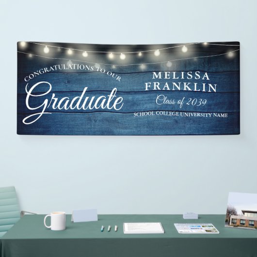 Banner für String Lights Blue Rustic Wood Abschlus (Messe)