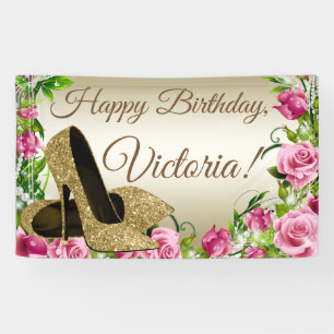 Banner mit rosa goldenen High Heels zum Geburtstag