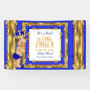 Banner Prinz Baby Shower Royal Blau Gold Brünette