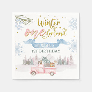 Banner Rosa LKW Winter Onederland Geburtstag Serviette
