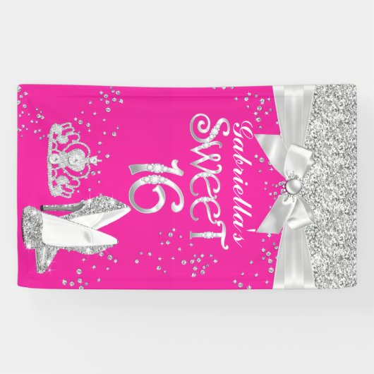 Banner Sparkle Tiara Heelse Sweet 16 Hot Pink (Horizontal)