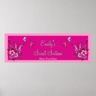 Banner Sweet 16 Rosa Blume Schmetterling Geburtsta Poster