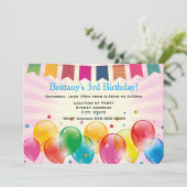 Banner und Ballons Rosa Geburtstagsparty Einladung (Stehend Vorderseite)