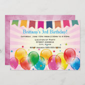 Banner und Ballons Rosa Geburtstagsparty Einladung (Vorne/Hinten)