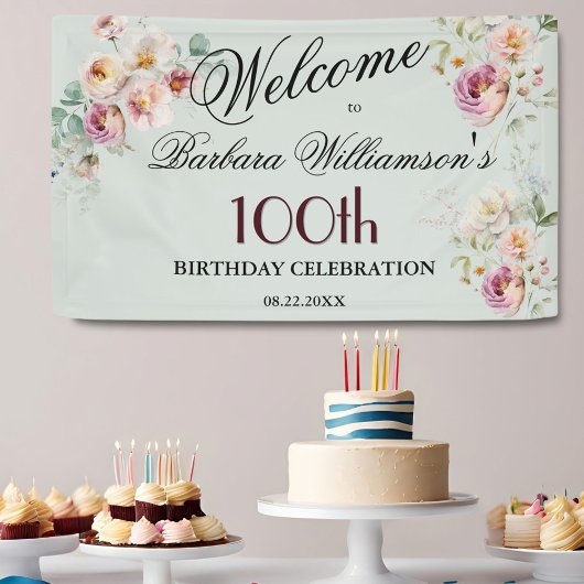 Banner Wasserfarbe Blumen 100. Geburtstag Willkomm