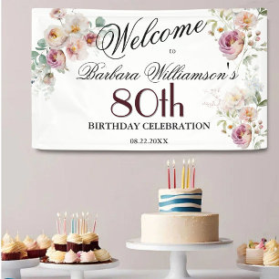 Banner Watercolor Blumen 80. Geburtstag Willkommen