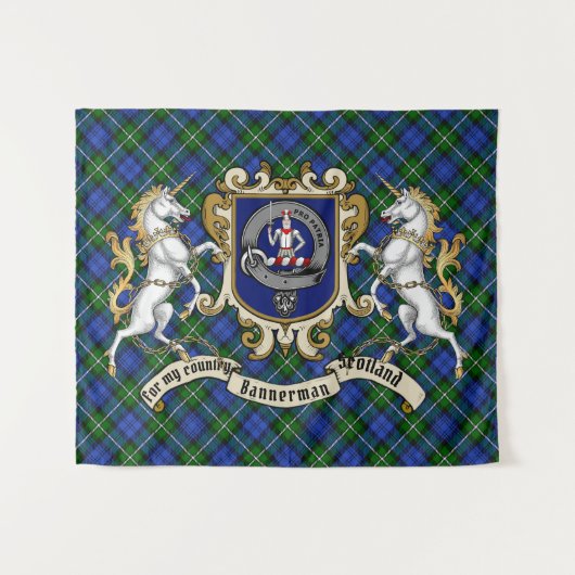 Bannerman Clan Abzeichen & Unicorns w/Tartan Wandteppich (Vorderseite (Horizontal))