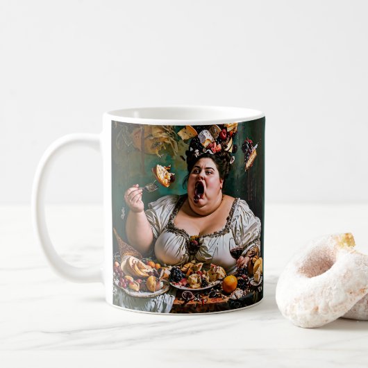 "Banquet of Chaos" Surreal farbenfrohe Kunstwerke Kaffeetasse (Mit Donut)