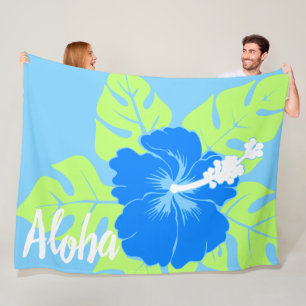 Banzai Beach Hawaiian Hibiskus Floral Aloha - Blau Fleecedecke