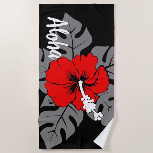 Banzai Beach Hawaiian Hibiskus Floral - Schwarz Strandtuch (Vorderseite)