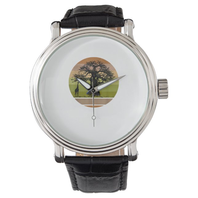 Baobab Tree und Giraffe Retro African Sunset Armbanduhr (Vorderseite)