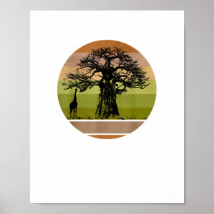 Baobab Tree und Giraffe Retro African Sunset Poster