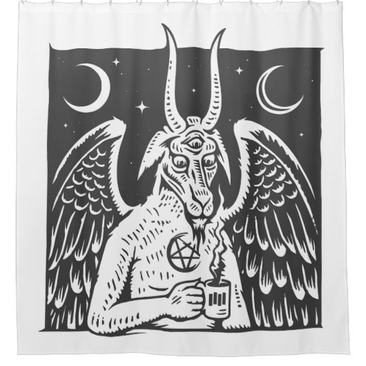 Baphomet Pentagram Moon Kaffeemödeme weiß Duschvorhang (Vorderseite)