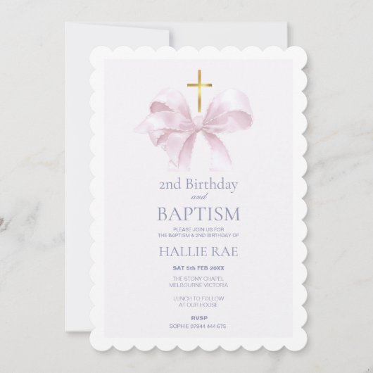 Baptism and 2nd Birthday Modern Pink Bow Einladung (Vorderseite)