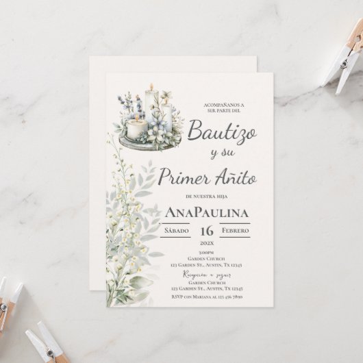 Baptism and first year invitation in Spanish Einladung (Vorderseite/Rückseite Beispiel)
