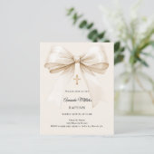 Baptism beige bow elegant invitation (Stehend Vorderseite)