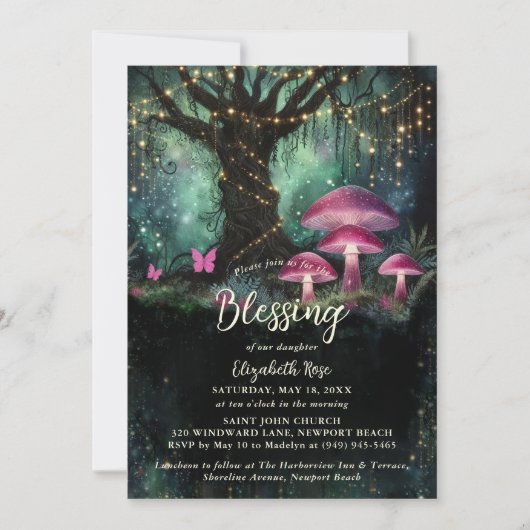 Baptism Blessing Enchanted Garden Forest Mushrooms Einladung (Vorderseite)
