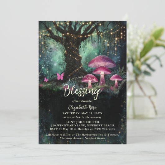 Baptism Blessing Enchanted Garden Forest Mushrooms Einladung (Stehend Vorderseite)