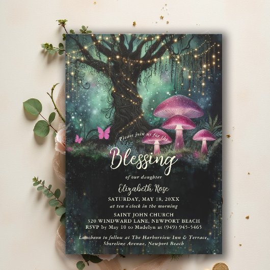 Baptism Blessing Enchanted Garden Forest Mushrooms Einladung