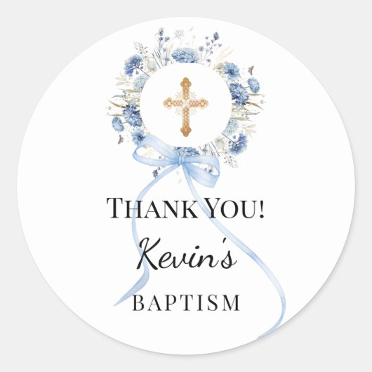 Baptism blue boy florals wreath cross thank you runder aufkleber (Vorderseite)