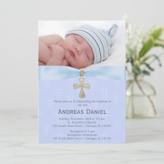 Baptism Blue Cross with photo Einladung (Stehend Vorderseite)