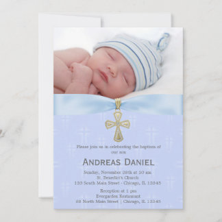 Baptism Blue Cross with photo Einladung