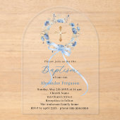 Baptism blue floral wreath boy bow arch acryleinladungen (Vorderseite)