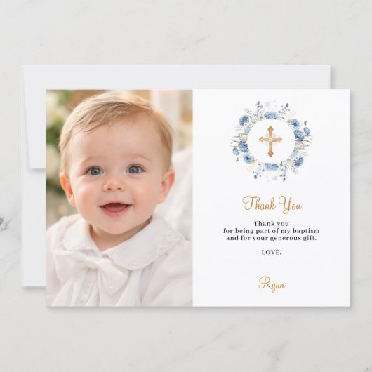 Baptism blue florals photo thank you card einladung (Vorderseite)