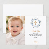 Baptism blue florals photo thank you card einladung (Vorne/Hinten)