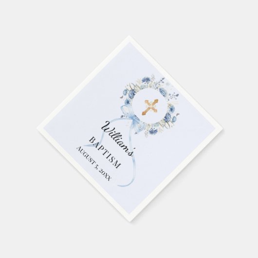 Baptism blue florals wreath boy cross serviette (Ecke)