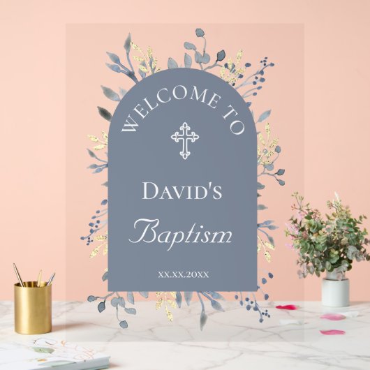 Baptism blue foliage clear welcome sign acrylschild (Hochzeit)