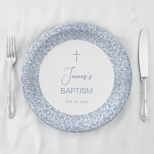 Baptism Blue White Floral Pattern Boy Christening  Pappteller