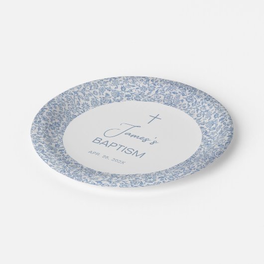 Baptism Blue White Floral Pattern Boy Christening  Pappteller (Schrägansicht)