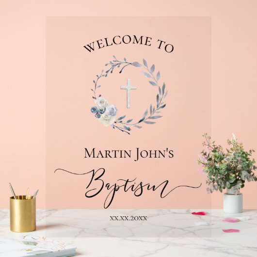 Baptism blue wreath welcome sign acrylschild (Hochzeit)
