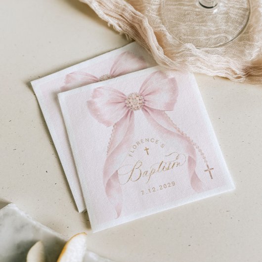 Baptism Blush Pink Bow Pearls Serviette