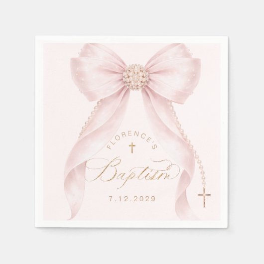 Baptism Blush Pink Bow Pearls Serviette (Vorderseite)