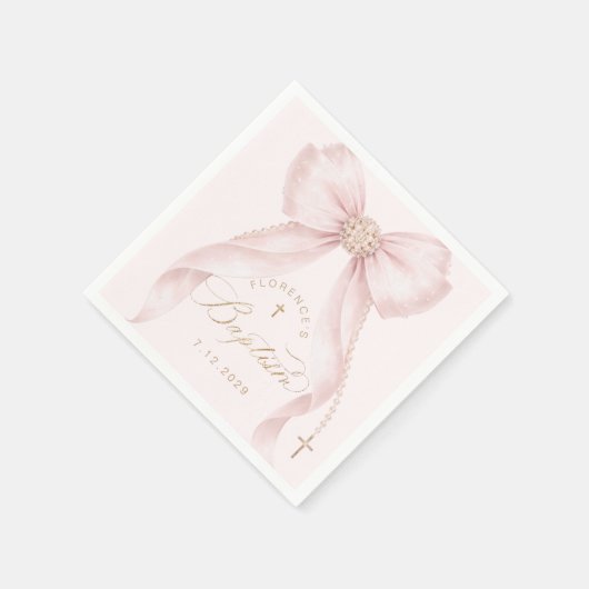 Baptism Blush Pink Bow Pearls Serviette (Ecke)