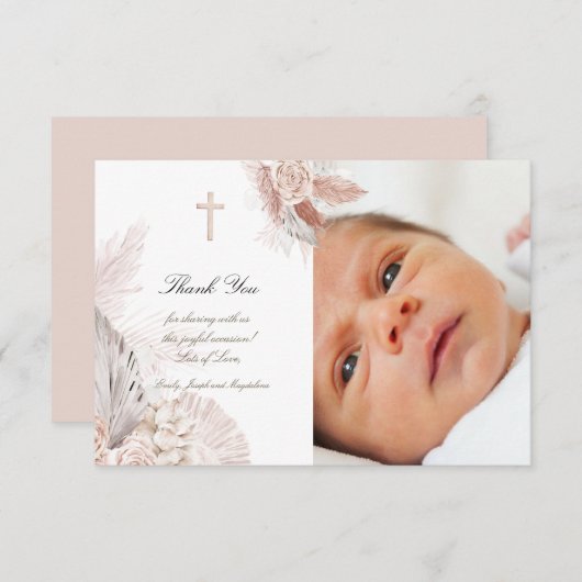 Baptism boho Aquarellfarben Rose danke Karte (Vorne/Hinten)