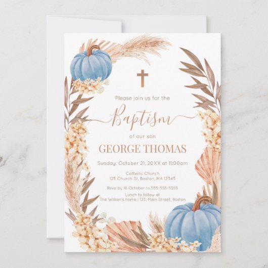 Baptism Boho Pampas arrangement blue Pumpkin Einladung (Vorderseite)