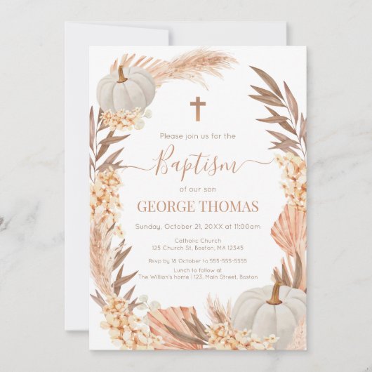 Baptism Boho Pampas arrangement white Pumpkin Einladung (Vorderseite)