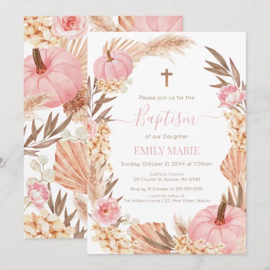 Baptism Boho Pampas Pink Pumpkin Einladung (Vorne/Hinten)