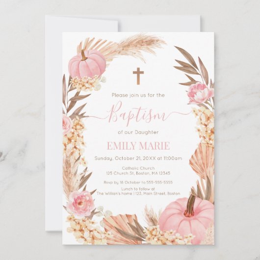 Baptism Boho Pampas Pink Pumpkin Einladung (Vorderseite)