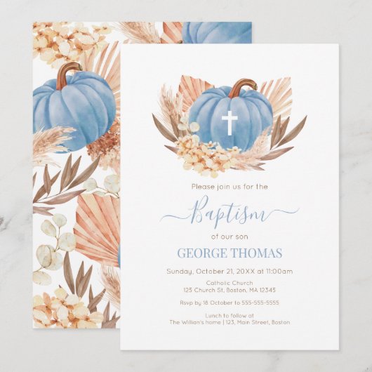 Baptism Boho Pampas Pumpkin blue Einladung (Vorne/Hinten)