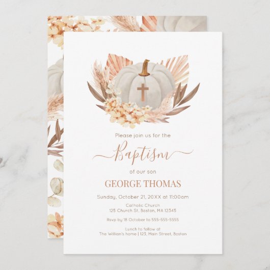 Baptism Boho Pampas white Pumpkin Invitation  Einladung (Vorne/Hinten)