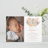 Baptism Boho white Pumpkin Photo Invitation  Einladung (Stehend Vorderseite)